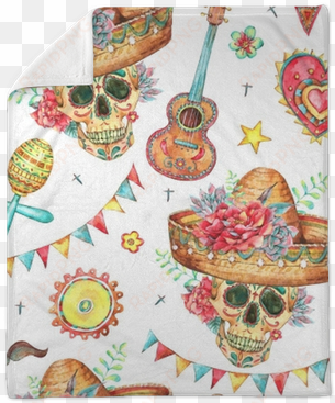 watercolor seamless pattern with skull in sombrero - watercolor painting