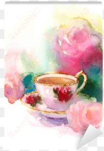 watercolor vintage porcelain teacup and garden roses - watercolor painting