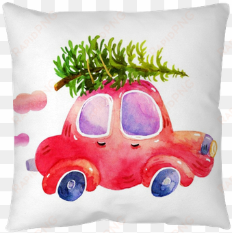 watercolor winter retro car with christmas tree illustrations - christmas tree on car drawing