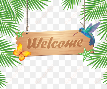 welcome wooden hanging with tropical leaves, welcome, - welcome tropical