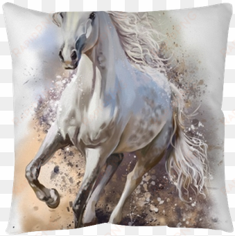 white horse runs watercolor painting throw pillow • - white horse running painting