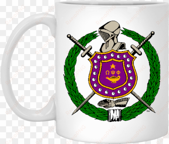 white mug - omega psi phi crest png