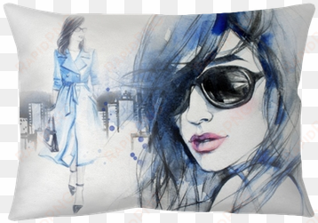 woman in coat - stretched canvas print: blue mode fashion illustration,