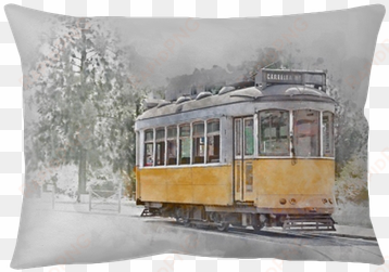 yellow tram in lisbon, portugal, watercolor throw pillow - yellow tram apartment alfama, lisbon